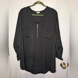 Cato Women's 22W/24W Black Pullover Silver Zip Blouse Pockets Roll Tab Cuff